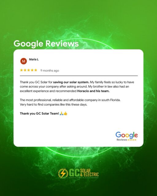 ⭐⭐⭐⭐⭐

Every solar system has a story, and nothing makes us prouder than helping homeowners get their systems back to performing the way they should.

Thank you, Maria, for trusting our team and allowing us to restore your system. At GC Solar & Electric, we believe in providing honest diagnostics, quality workmanship, and reliable service every step of the way.

Your trust and referrals mean everything to us. 💚☀️

#GCSolarAndElectric #SolarRepair #SolarMaintenance #SouthFloridaSolar #SolarEnergy