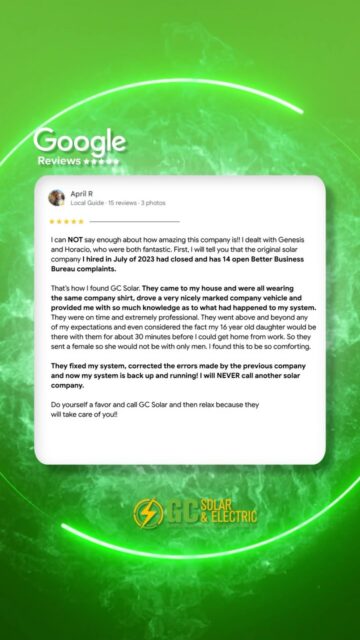 ⭐️⭐️⭐️⭐️⭐️ Another 5-Star Solar Repair Review in South Florida!

When your original solar company closes, disappears, or stops answering your calls, you are NOT stuck with a solar system that doesn’t work.

This homeowner came to GC Solar & Electric after the company that originally installed her solar panels closed its doors. Her system needed professional diagnostics, corrections, and repairs and our team stepped in to get it back up and running. ☀️⚡️

At GC Solar & Electric, orphaned and abandoned solar systems are one of our specialties. We help homeowners throughout Miami-Dade, Broward, Palm Beach County, and South Florida who need a reliable solar contractor after their original installer goes out of business.

🔧 Solar Panel Repair & Troubleshooting
⚡ Solar System Diagnostics
☀️ Orphaned / Abandoned Solar System Service
🔋 Inverter & Microinverter Troubleshooting
📡 Solar Monitoring & Communication Issues
🏠 Existing Solar System Takeovers
⚙️ Electrical Repairs & Corrections
🛠️ Solar Maintenance & Service

What means the most to us about this review isn’t only that we repaired the system it’s that our customer felt informed, comfortable, respected, and taken care of throughout the process.

That is exactly the experience we want every GC Solar & Electric customer to receive.

Original solar installer went out of business? Your solar system stopped producing? Need a trusted solar repair company in Miami or South Florida?

📍 Serving Miami-Dade, Broward, Palm Beach & surrounding South Florida communities
📞 305-917-9282
📧 info@gcsolarandelectric.com

GC Solar & Electric specializing in solar repair, service, electrical work, and orphaned solar systems.

#GCSolarAndElectric #SolarRepairMiami #MiamiSolarRepair #SolarRepairSouthFlorida SolarCompanyMiami MiamiSolarCompany SolarContractorMiami S