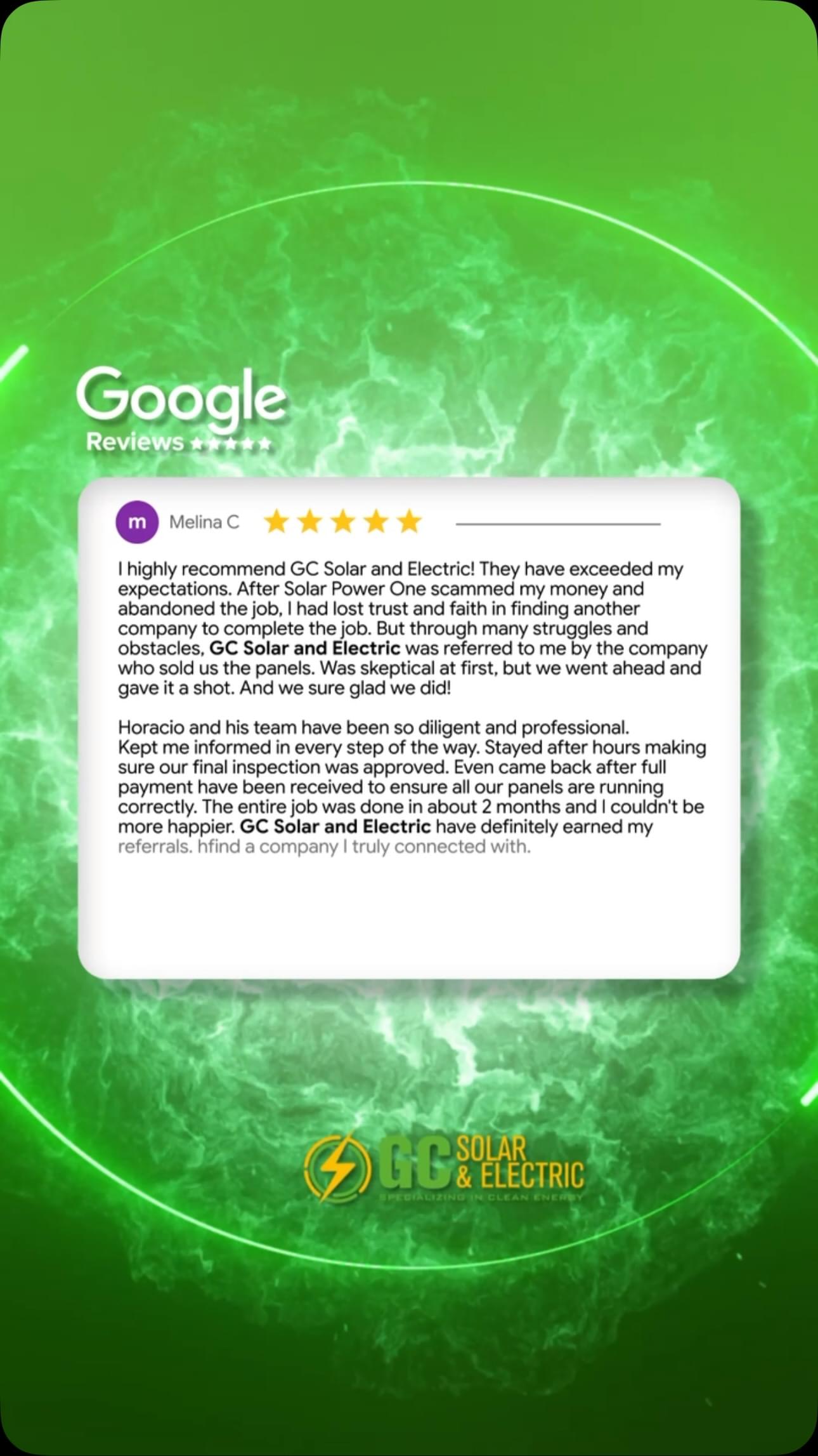 ⭐⭐⭐⭐⭐ Another Happy Homeowner!

Trust is earned and that’s exactly what we strive for on every project.

Receiving reviews like this reminds us why we do what we do. After being left with an incomplete solar installation by another company, our team stepped in to diagnose the system, complete the installation, coordinate inspections, and ensure every panel was producing at peak performance.

At GC Solar & Electric, we believe every homeowner deserves honest communication, expert workmanship, and reliable service from start to finish.

Thank you, Melina, for trusting our team and for sharing your experience. Your recommendation means everything to us! 💚

☀️ Looking for the best solar company in Miami, Florida?
⚡ Need solar panel repair, solar installation, electrical services, battery backup, or solar maintenance ?
🏡 Our certified team proudly serves homeowners and businesses throughout Miami-Dade, Broward, Palm Beach, and all of South Florida.

📞 Contact GC Solar & Electric today for a professional consultation and discover why so many South Florida homeowners trust us with their energy needs.

⭐ If we’ve worked on your home, we’d love to hear about your experience with a Google Review! 

Visit our web for a FREE Estimate
🔗www.gcsolarelectric.com
📞24/7 Support: 305-917-9282
📍7265 NW 25th Street, Miami, Florida
📍 Serving Miami, Fort Lauderdale, Palm Beach, Naples, and communities across Florida.
 💡 Contact GC Solar & Electric today for a consultation and experience the difference of working with professionals who put safety, quality, and customer satisfaction first.

GCSolarAndElectric MiamiSolar SolarMiami MiamiElectrician FloridaSolar SouthFloridaSolar SolarInstallation SolarRepair SolarMaintenance SolarPanels BatteryBackup Enphase SolarEdge RenewableEnergy CleanEnergy EnergySavings HomeImprovement ElectricalContractor MiamiHomes BestSolarCompany MiamiFlorida SouthFlorida FiveStarReview GoogleReviews CustomerSuccess TrustedContractor SolarExperts ElectricalServices SolarEnergy FloridaHomes

https://gcsolarelectric.com
